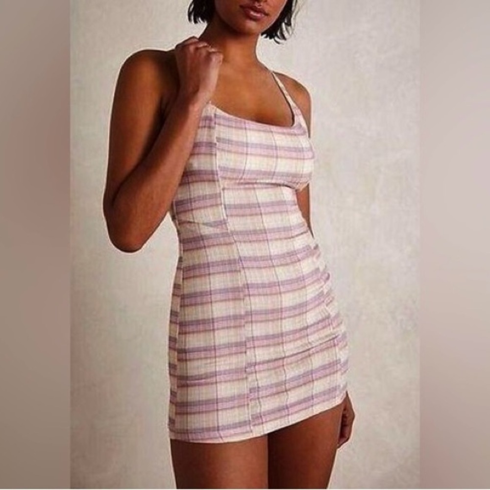 Free People Just Peachy Mini Slip Summer Dress Sz M Plaid pink purple racerback